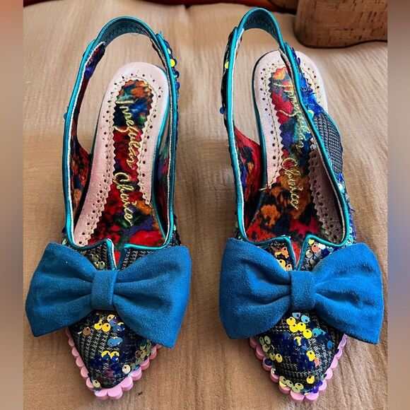 🌸 IRREGULAR CHOICE Blue sequin bow game over pointy sling back heel shoes size 7 - Picture 3 of 6